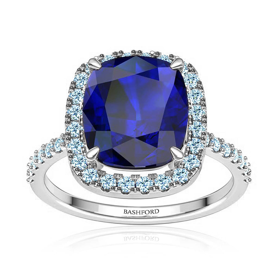 Blue Cushion Sapphire & Diamond Halo Ring