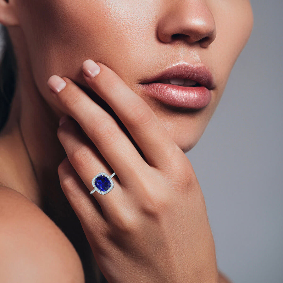 Blue Cushion Sapphire & Diamond Halo Ring