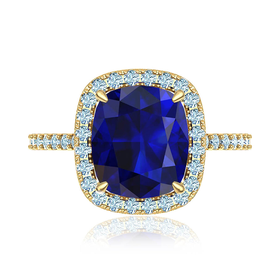 Blue Cushion Sapphire & Diamond Halo Ring