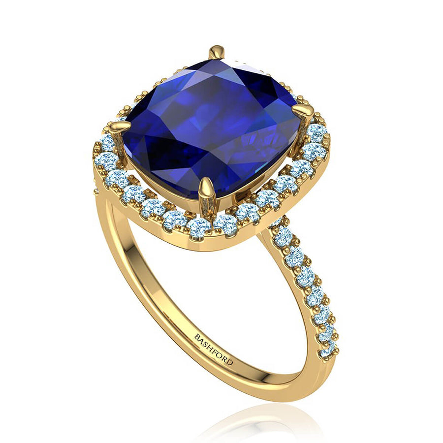 Blue Cushion Sapphire & Diamond Halo Ring