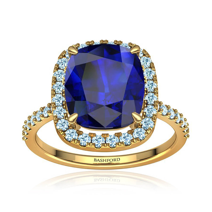 Blue Cushion Sapphire & Diamond Halo Ring