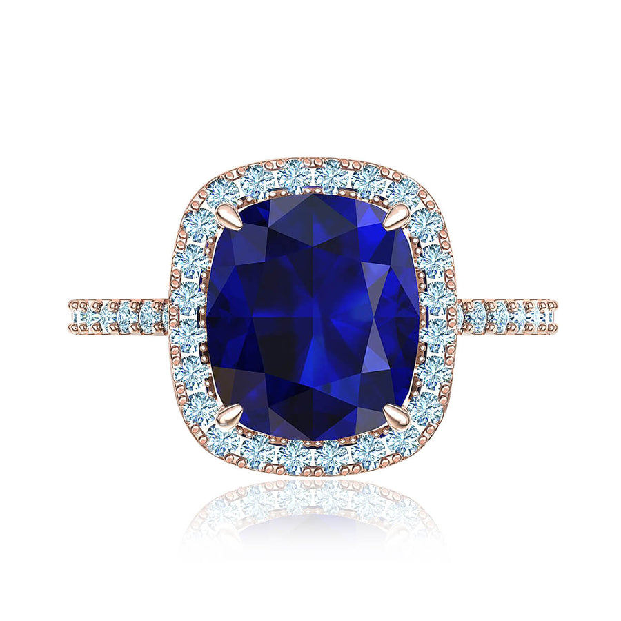 Blue Cushion Sapphire & Diamond Halo Ring