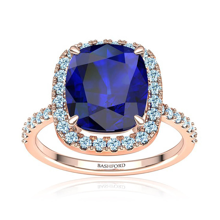 Blue Cushion Sapphire & Diamond Halo Ring