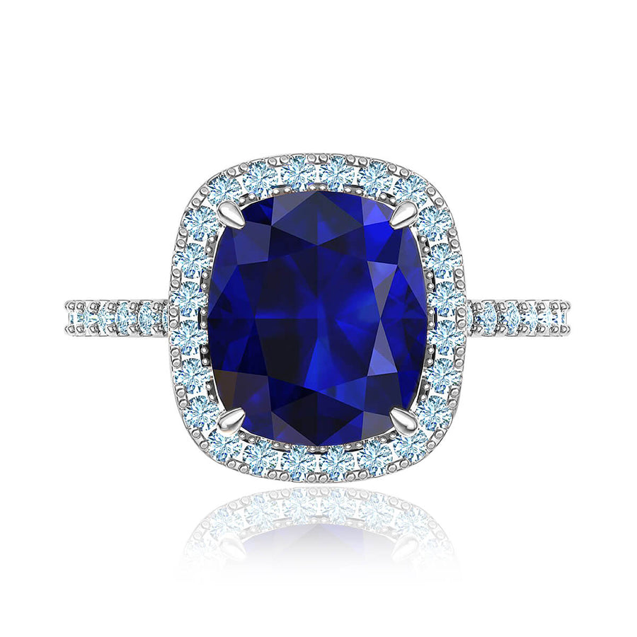 Blue Cushion Sapphire & Diamond Halo Ring