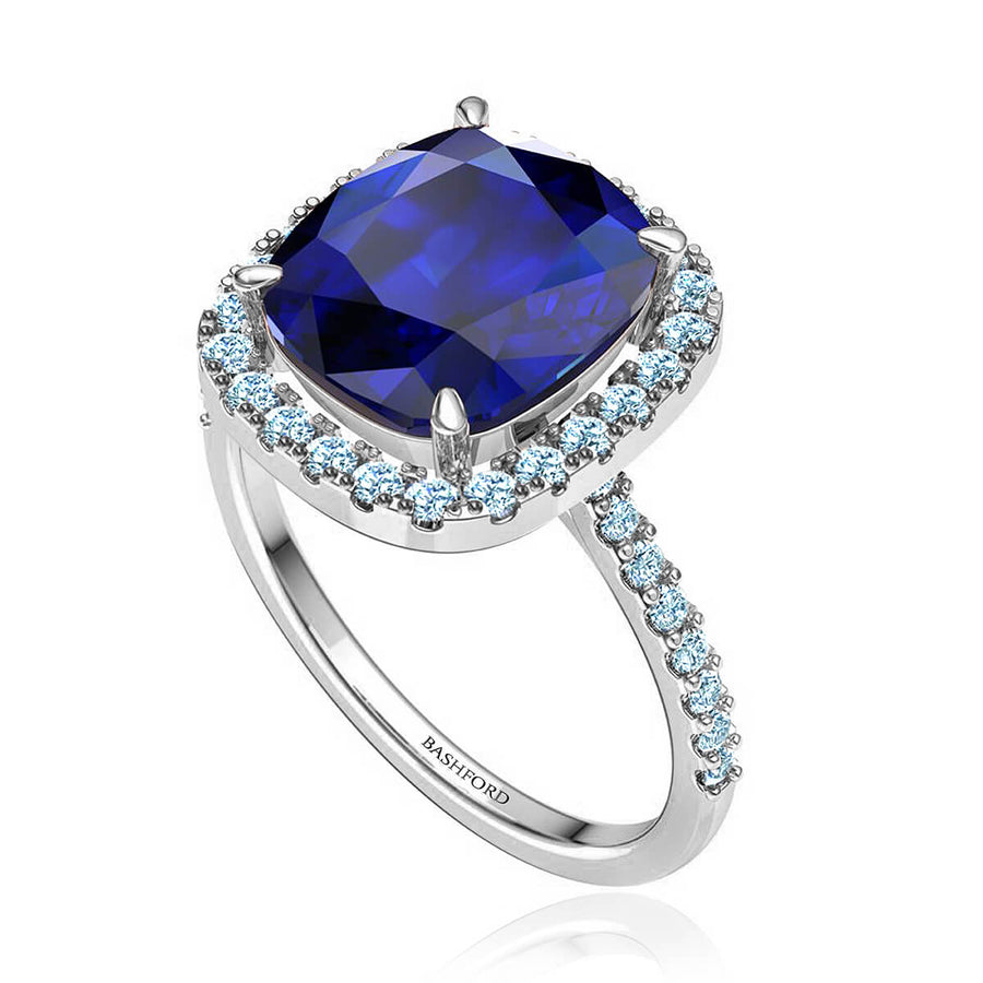Blue Cushion Sapphire & Diamond Halo Ring