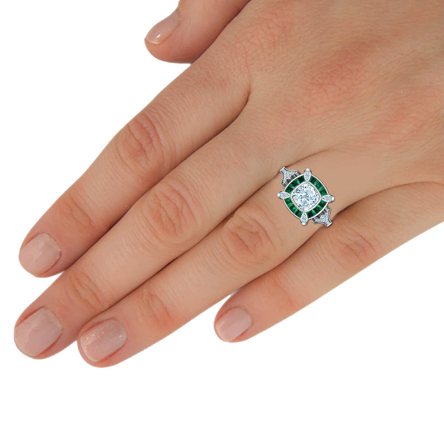 Cleopatra Diamond Ring with Emerald Accents