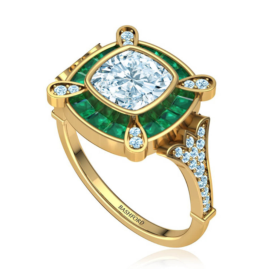 Cleopatra Diamond Ring with Emerald Accents