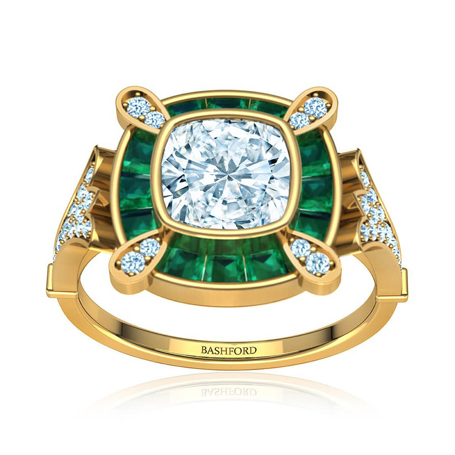 Cleopatra Diamond Ring with Emerald Accents
