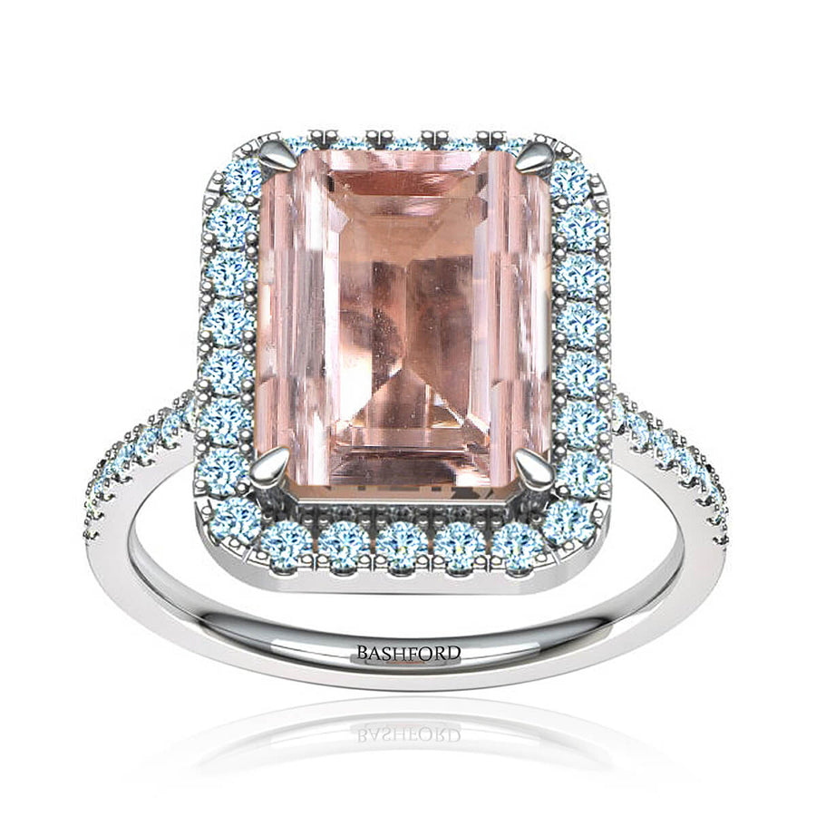 Emerald Cut Morganite Diamond Halo Ring