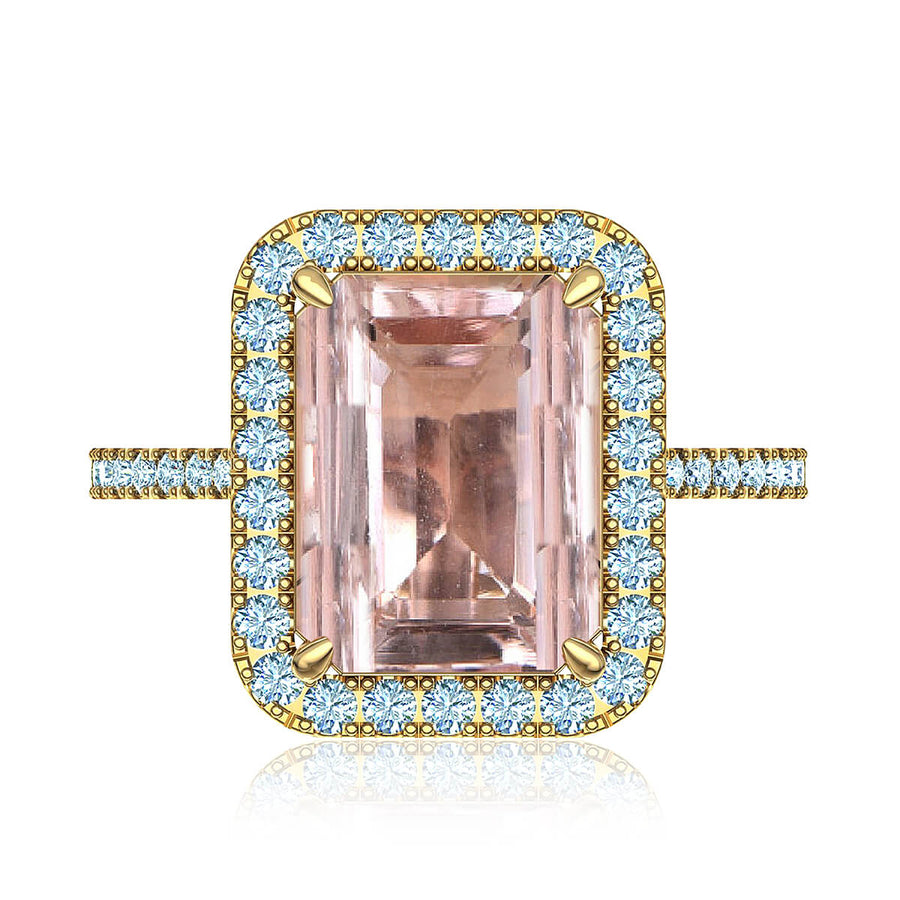 Emerald Cut Morganite Diamond Halo Ring