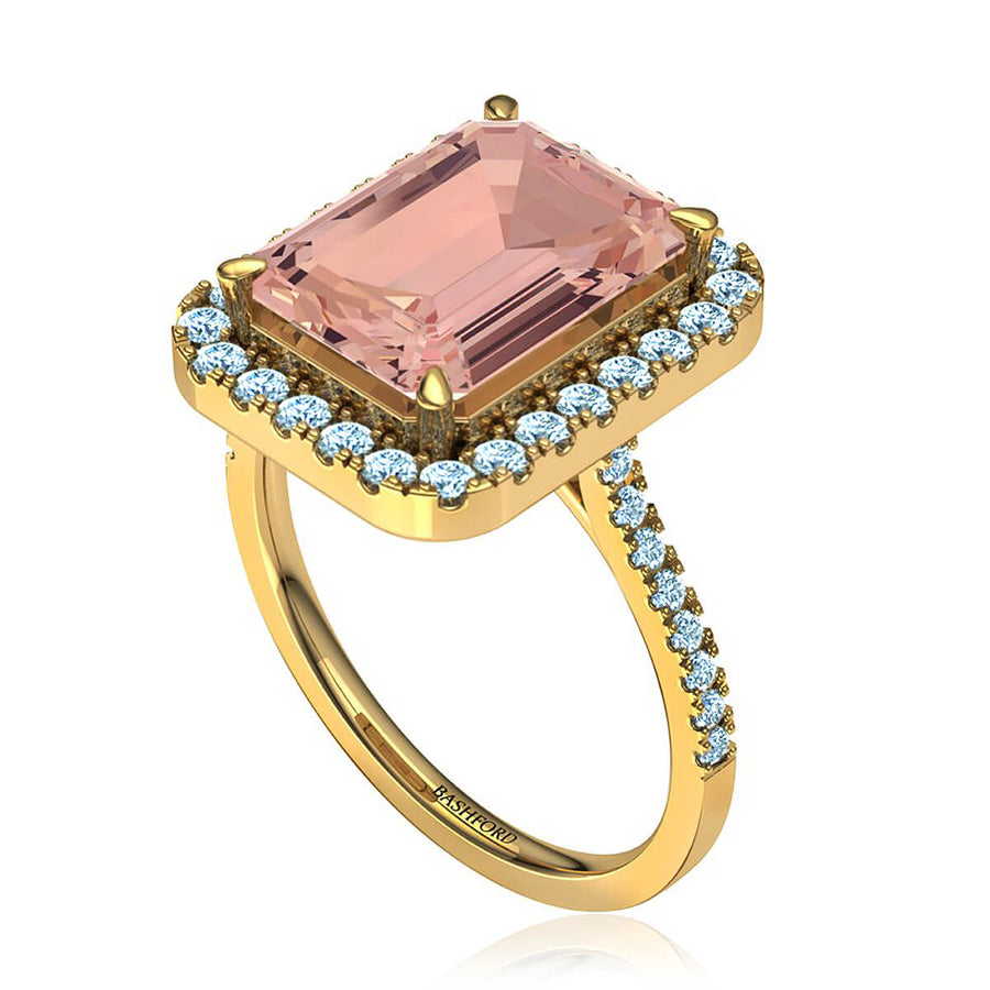 Emerald Cut Morganite Diamond Halo Ring