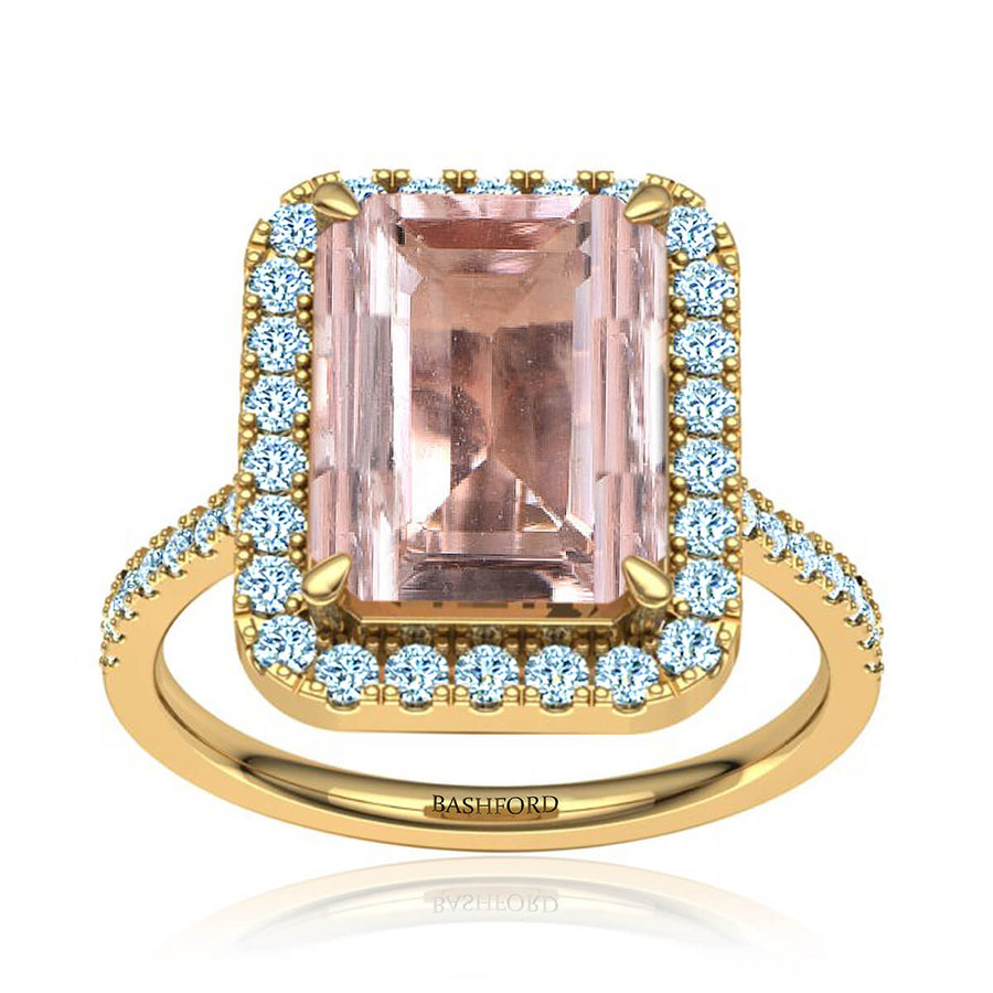 Emerald Cut Morganite Diamond Halo Ring