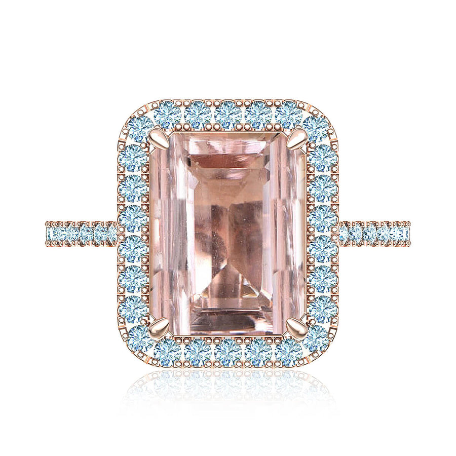 Emerald Cut Morganite Diamond Halo Ring