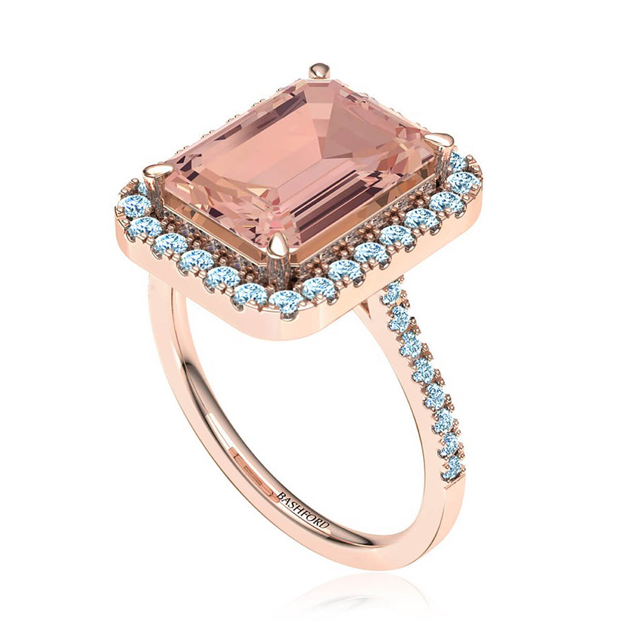 Emerald Cut Morganite Diamond Halo Ring