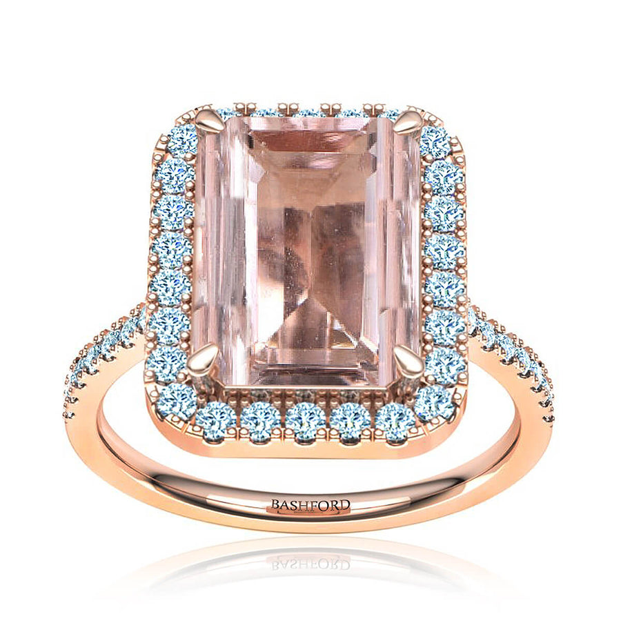 Emerald Cut Morganite Diamond Halo Ring