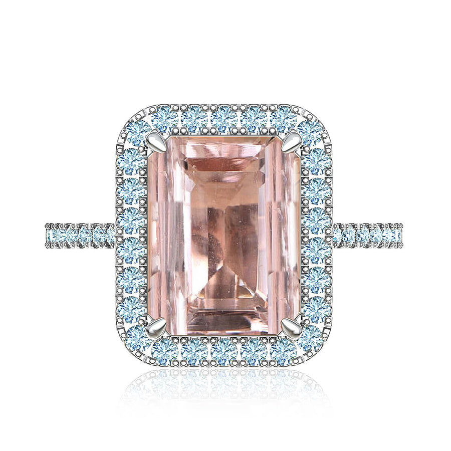 Emerald Cut Morganite Diamond Halo Ring