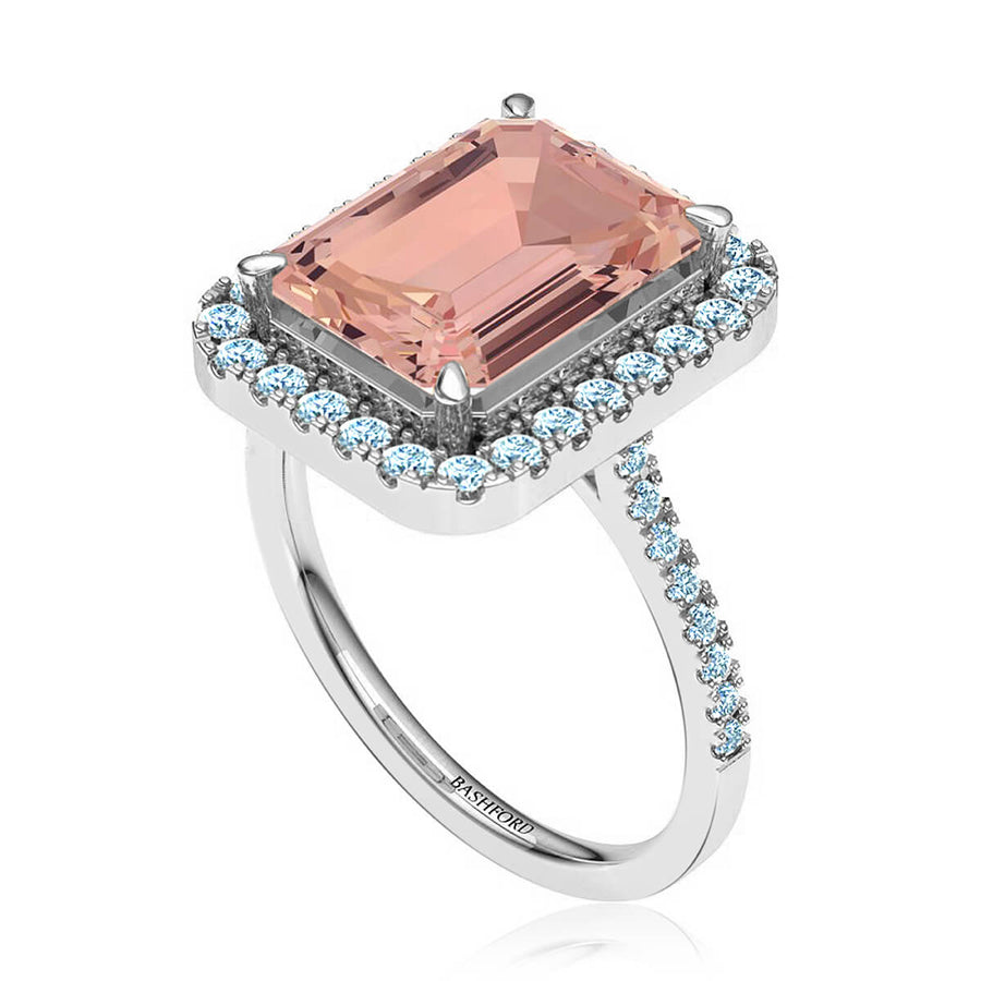 Emerald Cut Morganite Diamond Halo Ring