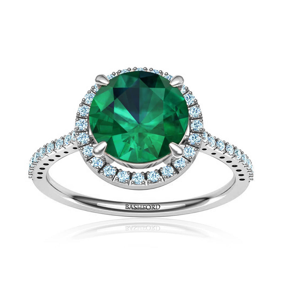 Round Green Emerald & Diamond Halo Ring