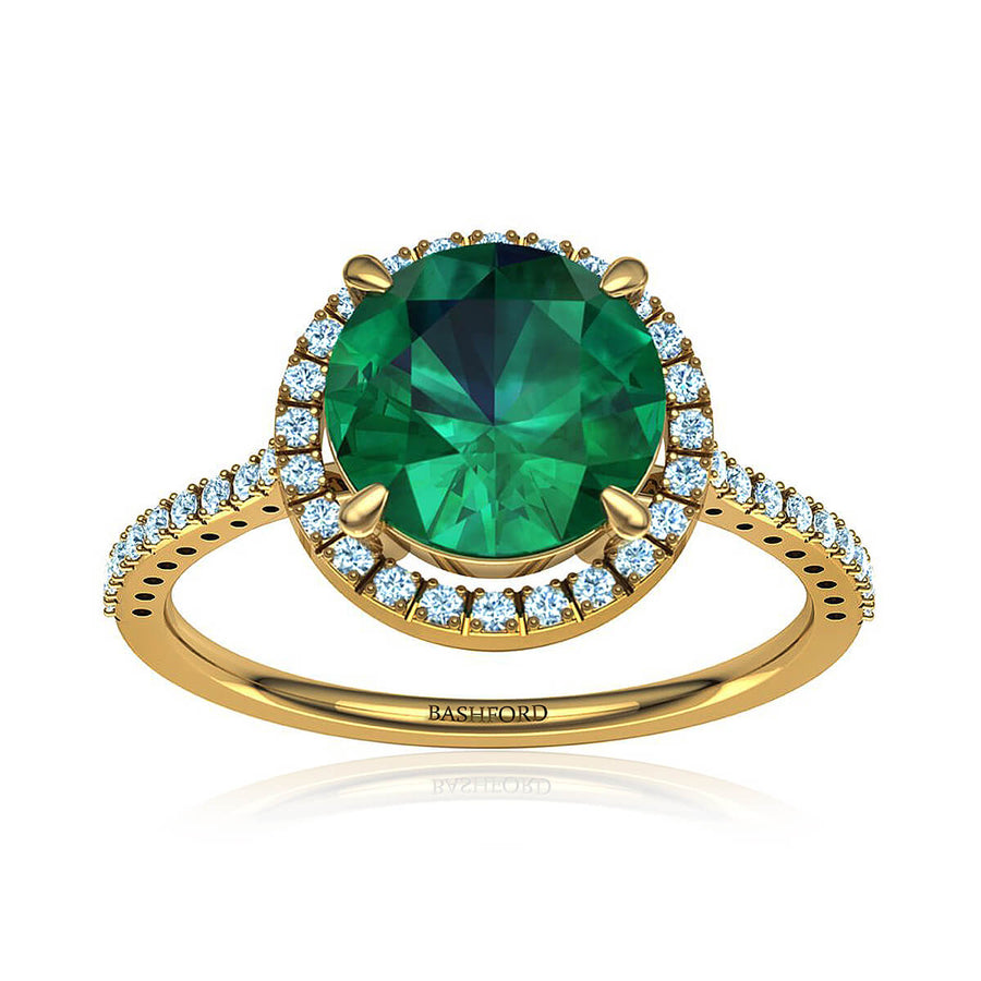 Round Green Emerald & Diamond Halo Ring