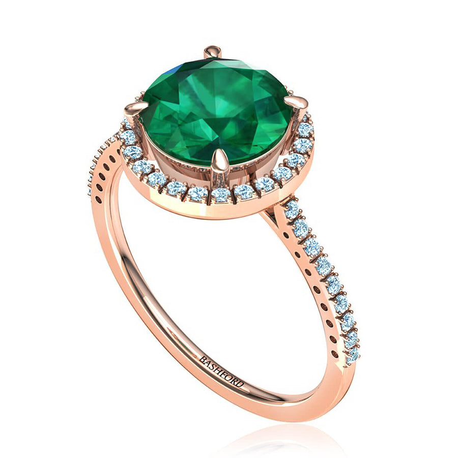 Round Green Emerald & Diamond Halo Ring