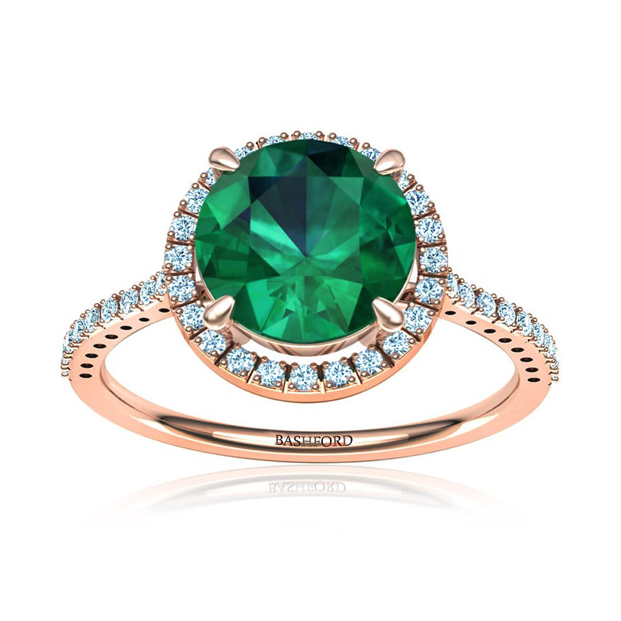 Round Green Emerald & Diamond Halo Ring