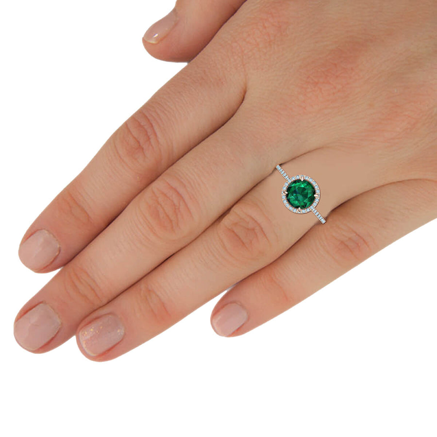 Round Green Emerald & Diamond Halo Ring