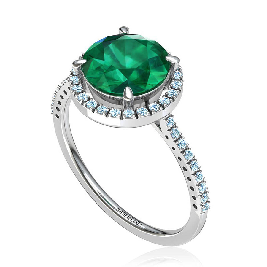 Round Green Emerald & Diamond Halo Ring