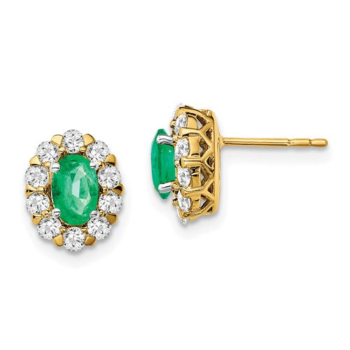 14k Oval Emerald And Diamond Halo Earrings