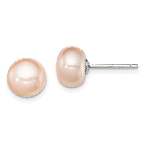 Sterling Silver 8mm Pink Cultured Button Pearl Stud Earrings